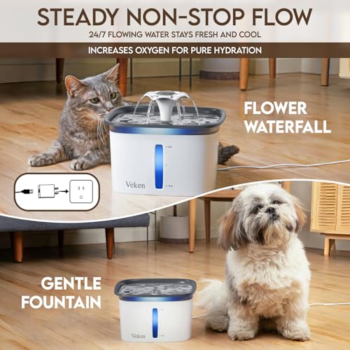 Veken Innovation Award Winner 95oz/2.8L Cat Water Fountain | Automatic Pet Fountain Dog Water Dispenser with Replacement Filters & Silicone Mat, Gift for Cats, Dogs (Grey, Plastic) - color: Grey