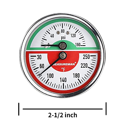 MEASUREMAN Tridicator, Thermo-Manometer Pressure Gauge, 2-1/2", 0-160psi/30-250 deg F, Black Iron Case, 1/4" NPT Back Mount - size: Back Mount-Dry