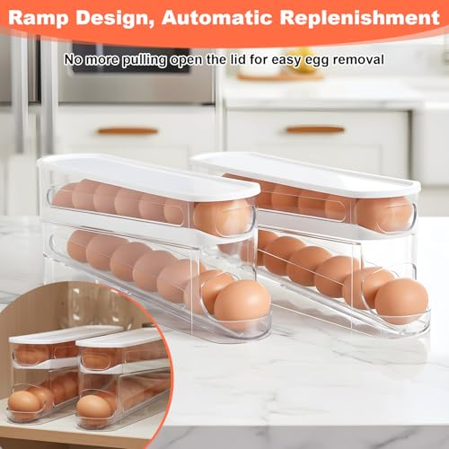 2 Pack Egg Dispenser for Refrigerator 4 Floors Eggs Holder for Fridges | Auto Rolling Fridge Egg Carton,14 Grid Space Saving Clear Eggs Storage Box,Rolls Stackable Container, with Lid for Kitchen