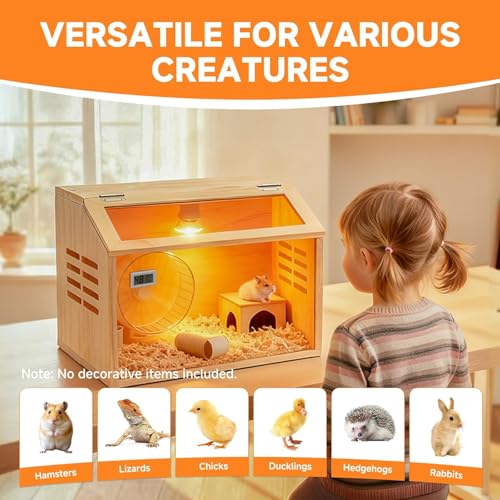 Wooden Chick Brooder Box with Heat Lamp and Thermometer, 15.7 x 12 x 12 in | Thick wood construction with pre-drilled holes suitable for chicks, ducklings, quail, hamsters small animals - size: Small(15.7x12x12 in)