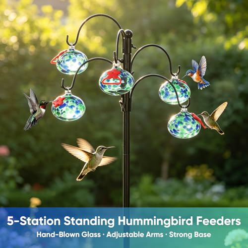 Hummingbird Feeders for Outdoors Set of 5, Hand Blown Glass Hummingbird Feeder with Stand, Decorative Bird Feeder Stand for Garden Yard Outside