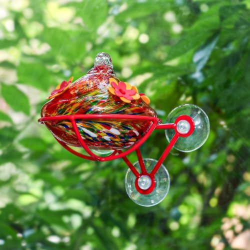 Window Hummingbird Feeder - Hand Blown Glass Mounted Hummingbird Feeder with Strong Suction Cups for Outdoor Window Mount (Red) - color: Red
