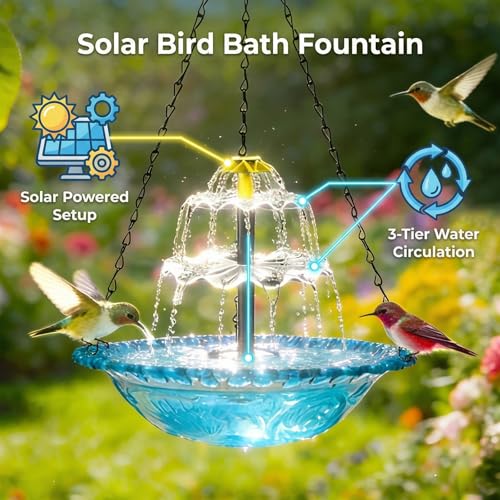 Hanging Solar Bird Bath Fountain,Solar Fountain Cascade, Hanging Bird Bath with Water for Outdoors Garden Patio Backyard Lawn Decor (Blue)