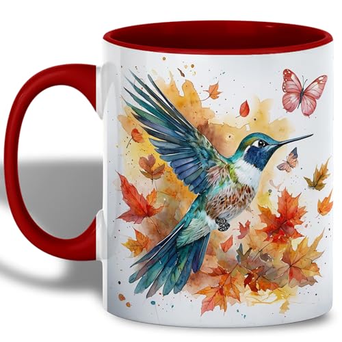 Hummingbird and Butterfly Watercolor Coffee Mug, Fall Bird Lover Mug, Autumn Leaves & Artistic Splash Design, Nature-Inspired Drinkware for Morning Coffee or Tea-Red Handle (Hummingbird) - color: Hummingbird