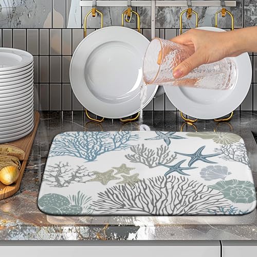 Summer Dish Drying Mat 16×18 Inch Coastal Nautical Kitchen Drying Mats Blue Gray Ocean Microfiber Dish Pad Heat Resistant Absorbent Dish Rack Mat for Home Kitchen Counter Decor - color: Coastal Dish Drying Mats-A3-1, size: 16" x 18"
