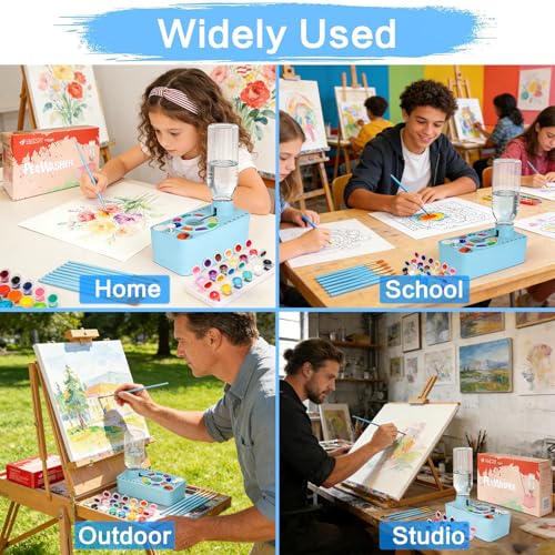 Paint Brush Cleaner Tool,Painting Running Water Circulation Art Supplies,with Brushes,Colors Paint,Watercolor Paper,Paint Station Creative Gift for Kids Girls Adult Artist Beginners - color: Blue