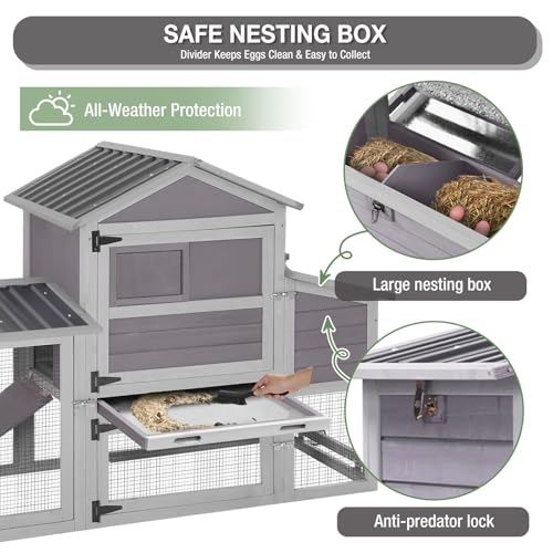 Large Chicken Coop with Run for 4–6 Chickens, Mobile Chicken Coop with Wheels, Wooden Hen House with 2 Nesting Boxes, Pull-Out Tray, Waterproof Roof, Outdoor Poultry Cage for Backyard