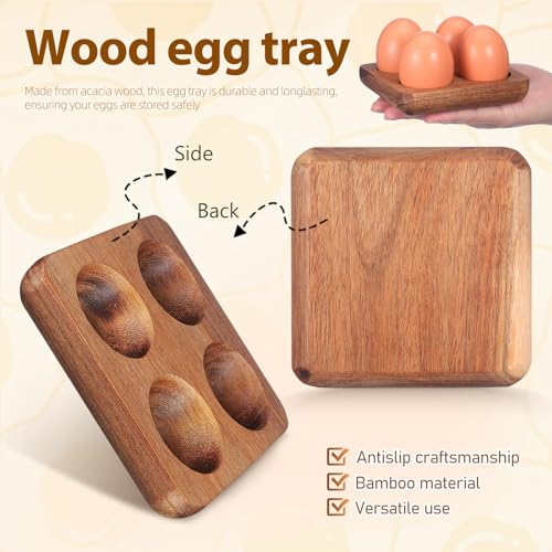 Sewroro Wooden Egg Holder 4 Slots Tray Countertop Egg Storage Organizer Chicken Display Rack For Kitchen Refrigerator