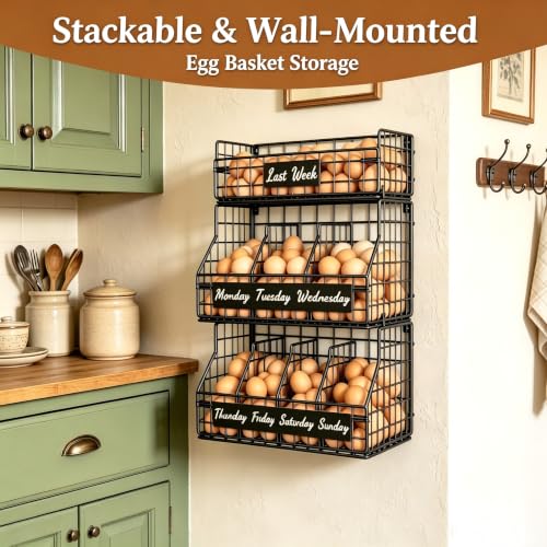 Egg Holder Countertop with Dividers & Labels, 3 Tier Stackable Chicken Egg Holder Egg Baskets for Gathering Fresh Eggs, Egg Organizer for Egg Storage, Wall-Mounted, Black - color: Black, size: 3-Tier（with printed labels）