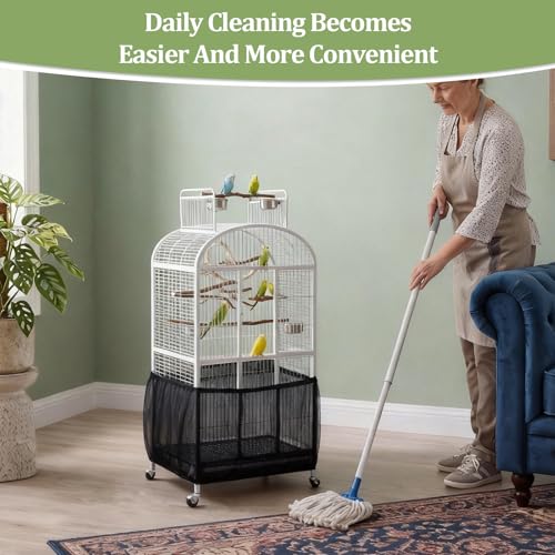 Bird Cage Cover,Bird Cage Seed Catcher,Durable Airy Nylon Mesh Net, Adjustable Birdcage Cover Skirt Seed Guard for Parrot Cockatiel Parakeet Pigeon Big Round Square Cages(Black) - color: Black
