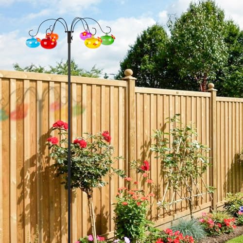 Liitrton Glass Hummingbird Feeders with Shepherds Hook for Outdoors | Hanging 6 Hand-Blow Glass Hummingbird Feeder Balls, Adjustable Hight Bird Feeder Pole for Outside Garden Decor