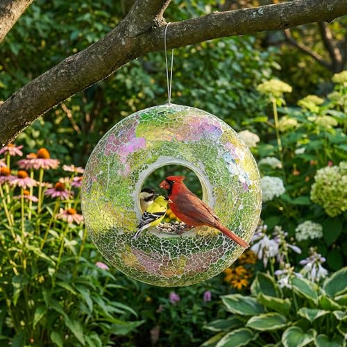 DUSVALLY Hanging Bird Feeder, 9 Inch Mosaic Glass Fly Through Bird Feeder | Mosaic Glass Bird Feeder • Fly Through Design • Hanging Outdoor Feeder • Drainage Hole • Easy to Fill & Clean - color: Green