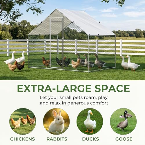 Large Chicken Coop Metal Walk-in Run 10' x 5' x 6.6', Heavy Duty Galvanized Steel Cage with Waterproof Cover, Secure Lock, Outdoor Pen Enclosure for Hens, Ducks, Rabbits - size: 120.0"L x 60.0"W x 79.0"H