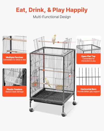VEVOR Bird Cage, 18 x 18 x 30 inch, Open Flat Top, Wrought Iron Bird Flight Cage with Perches, Slide-Out Tray and Plastic Feeders, Casters, for Parrot, Blue Tit, Cockatiel, Canary, Budgerigar, Conure - size: 18.0"L x 18.0"W x 30.0"H