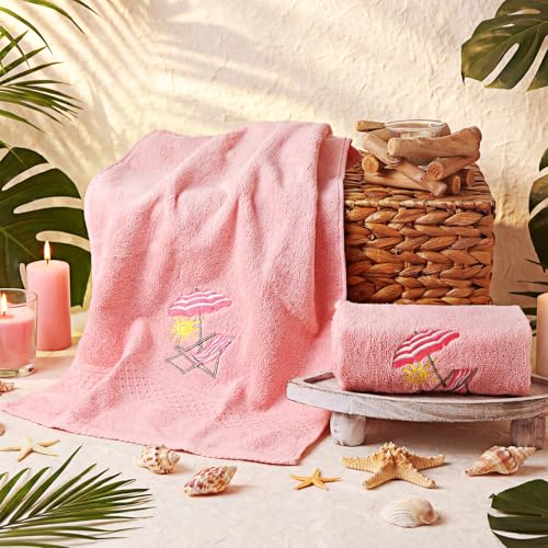 SmoothNovelty 2 Pcs Beach Chair Hand Towels Pink Bathroom Decor 14x29 Inch | Embroidered Pink Bathroom Hand Towels, 100% Cotton, Soft Absorbent, Summer Beach Coastal Theme Bathroom Kitchen Decor - style: Cute Beach Chair