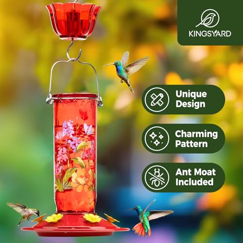 Kingsyard 2 Pack Hummingbird Feeders for Outdoor Hanging - Charming Patterned Glass Humming Bird Feeder with 6 Feeding Ports and Ant Moat, Ideal Gift Choice for Bird Lovers, Red | Extra-Wide Mouth Bottle for Easy Cleaning, 6 Feeding Ports, Built-In Ant Mo