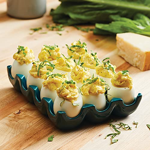 Rachael Ray Solid Glaze Ceramics Egg Tray/Holder, 12 Cup, Teal - color: Teal