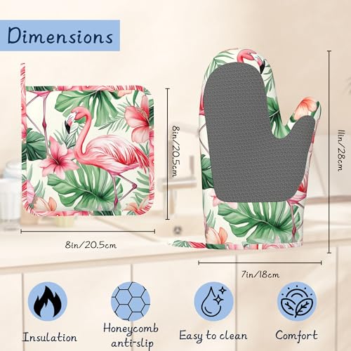 Heat Resistant Pot Holders and Oven Mitts,Pink Flamingo Extra Long Kitchen Oven Mitt Set,Tropical Flowers Leaf Cotton Lining Anti-Slip Waterproof Kitchen Mittens Hot Pan Holder for Baking Cooking - color: Pink Flamingo