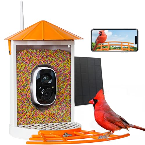Smart Bird Feeder with Camera Solar, Auto Capture Bird Videos & Motion Detection, Birds Watching Camera Notify in Time, Metal Birds Feeder with Seed Guard, Ideal Present for Mom (Orange) - color: Orange