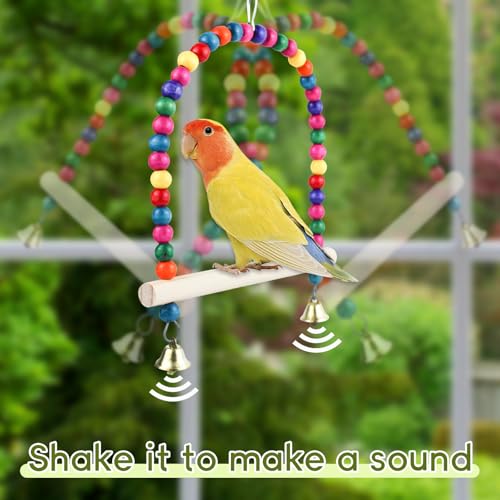 Wooden Bird Swing, 9 Inches Hanging Birds Cage Perches with Playing Bell, Natural Bird Chew Toys Boredom Breaker Bird Toys for Parakeets, Budgie, Cockatiel (Colorful, L) - color: Colorful