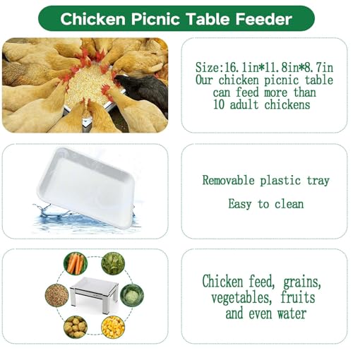 Large Chicken Picnic Table Feeders with Removable Plastic Tray | Feeder No Waste Starter Kit,Coop Accessories for Real Chickens Supplies - color: White-Black