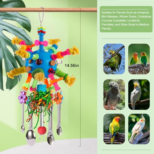 Parrot Toys Bird Toys Perch Pullable Stainless Steel Spoons Colorful Acrylic Stick Chew Toys for Amazons Mini Macaws African Greys Cockatoos Conures, Cockatiels, Lovebirds, Parrotlets and Other (blue) - color: blue
