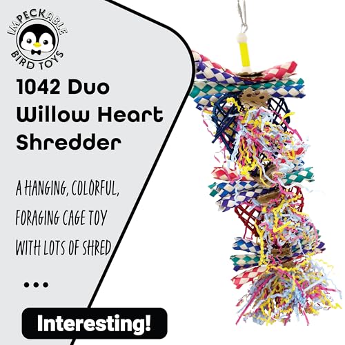 1042 Double Willow Heart Shreddy Bird Toy - Bamboo Finger Traps & Crinkle Paper Cardboard Shreds - Engaging Parakeet Bird Cage Accessories - Natural Foraging Parrot Toys for Cockatiel & Conure