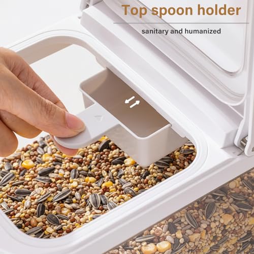 Bird Seed Storage Container, 5.4 Qt/6 L Pet Food Container with Measuring Cup & Stainless Steel Bird Feeder Bowl, Airtight Wild Birds Seed Dispenser, Plastic BPA Free, Clear