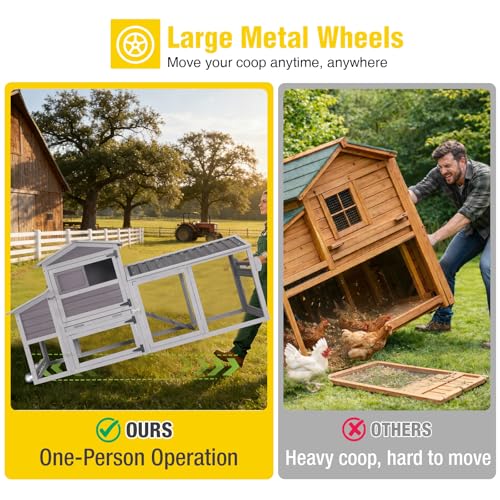 Aivituvin 83in Chicken Coop Mobile Hen House Outdoor Wooden Poultry Cage with Wheels Nesting Box Run for 2-4 Chickens - color: Grey, size: 83.3"L x 26.0"W x 42.0"H