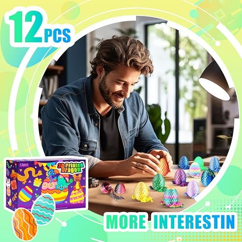 Impossmaker 12PCS 3D Printed Dragon Eggs with Dragon Inside, Cool Stuff Fun Gifts, Mini Dragons Eggs Set Articulated Crystal Fidget Toy for Adults Teens Boy Gifts Easter Basket Stuffers - style: 12P-S2