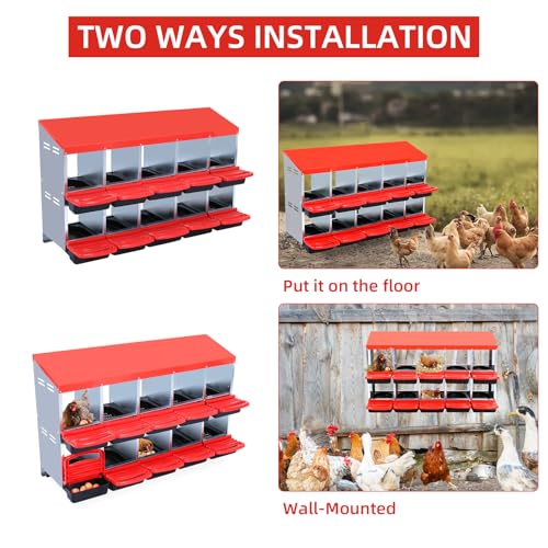 GarveeHome 2-Tier Chicken Nesting Box, 10 Compartment Metal Chicken Laying Boxes with Waterproof Roof ＆ Removable Trays for Hens, Poultry，Easy Egg Collection - color: Red, size: 10 holes