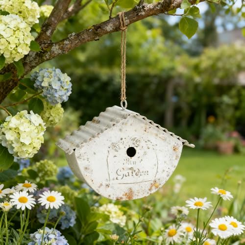 Vintage - Style Decorative Birdhouse, Rustic Metal Bird House with My Garden Distressed Finish, Hanging Bird Home for Garden and Outdoor Decor (White - Garden) - color: White - Garden
