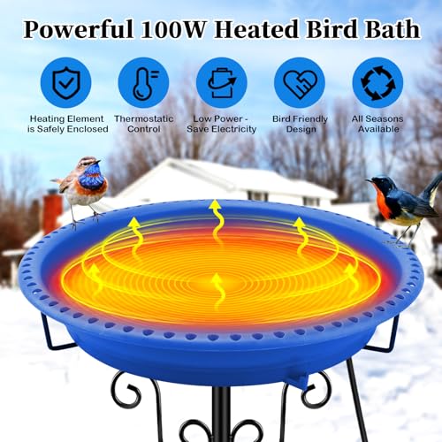 Heated Bird Baths for Outdoors for Winter, Lovppy 100W Heated Bird Bath Water Heater with Thermostatically Controlled, Heated Bird Baths Bowl with Metal Stake for Outside Garden Patio Yard (Blue) - color: Blue