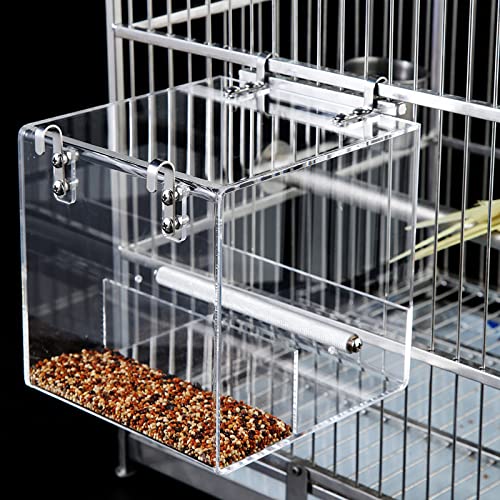 No Mess Bird Feeder for Cage - Automatic Bird Feeder Transparent Food Container Acrylic No Spill Cage Seed Catcher with Stainless Steel Hooks for Parrot Parakeet Cockatiels Lovebirds - size: Large-6.4 Inch x 6.4 Inch