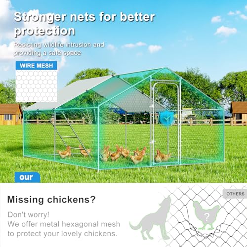 Large Chicken Run 10 x 13.2 x 6.4 FT Chicken Coop with Cover | Reinforced Frame, Walk-in Chicken Coop, Roosting Perch, Side Hardware Cloth, Backyard&Farm Use - size: 158.4"L x 120.0"W x 76.8"H
