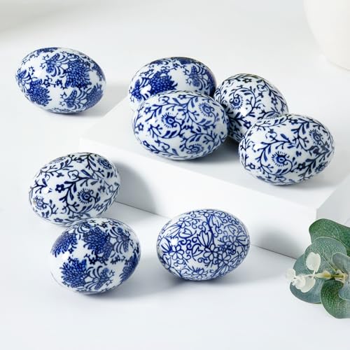 6pcs/Set Handcrafted Blue & White Ceramic Easter Eggs - Artisanal Decor for Home, Living Room & Office - Festive 6cm*4cm Accent Pieces - Perfect Mothers Day & Spring Easter Gifts (B) - size: G