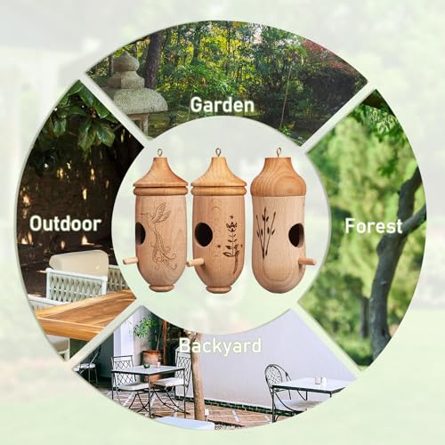 NUOBESTY Hummingbird House, 3 Pack Natural Beech Wood Bird House for Outside Hanging, Small Bird Nest Shelter for Finch Chickadee, Home, Outdoors, Garden Decor