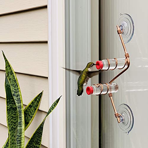Geometric Window Hummingbird Feeder | Copper and Aluminum | Multiple Stations | Modern Hummingbird Feeder | Handcrafted | Home Décor | Glass Bottles | Suction Cups (Copper)