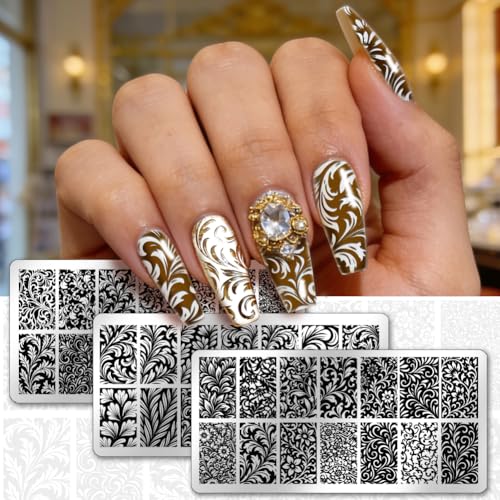 PH PandaHall 3pcs Swirls Nail Stamping Plates 42 Styles Vintage Swirly Nail Art Templates Romantic Swirl Floral Stainless Steel Image Plate Stencils with Tool for DIY Print Manicures Salon Design - style: Swirls