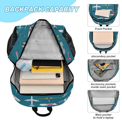 Airplane Plane and Aircraft Backpack with Lunch Bag, School Travel Backpack for Teens Boys Girls Kids Backpacks Set - color: Navy Blue