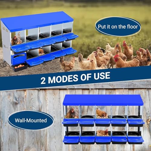 10-Hole Chicken Nesting Box with Removable Lid, Metal Chicken Coops with Roll Away Design/Easy Egg Collection/Ventilation Holes, for Chickens Coops, Duck and Hens - color: Blue, size: 10 holes without legs