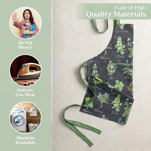 Maison d' Hermine Aprons for women with Pocket 100% Cotton (27.50"x31.50") | Adjustable Neck Strap & long ties Apron Men Chef Wedding Cooking Gardening Server Maid - color: 008 - Fresh Herbs