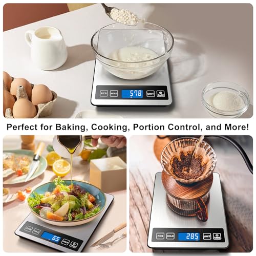 Fuzion Food Scale, 22lb/0.1oz Digital Kitchen Scale - 7 Units, Tare & PCS | Rechargeable Power, Tempered Glass & Stainless Steel - Digital Food Scale Grams and Ounces for Baking, Cooking, Weight Loss - color: Silver Blue