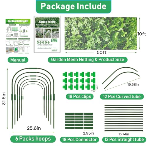 GonLei 10x 50FT Garden Mesh Netting Kit Raised Beds (6 Pcs Garden Hoops & 18 Clips) Garden Hoops Plant Netting Protection Row Covers Berry Bush Truit Trees Vegetables Grass Seed Barrier Net