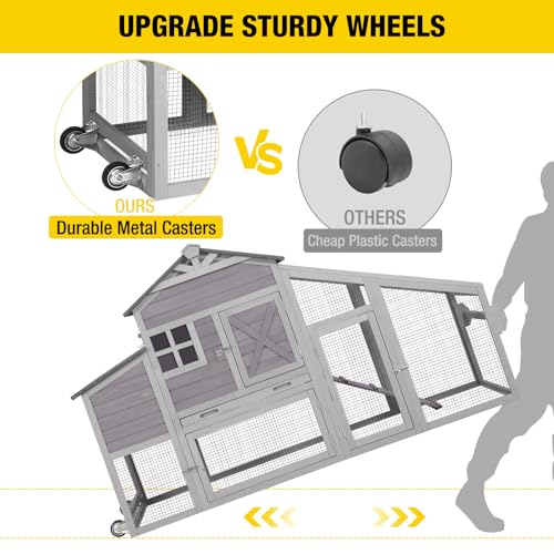 Chicken Coop Outdoor Wooden Poultry Cage with Waterproof Roof, Nesting Box, Pull Out Tray, Mobile Hen House for 2 4 Chickens, Large Chicken Tractor with Wheels (Grey) - color: Grey, size: 73.4"L x 24.2"W x 43.2"H
