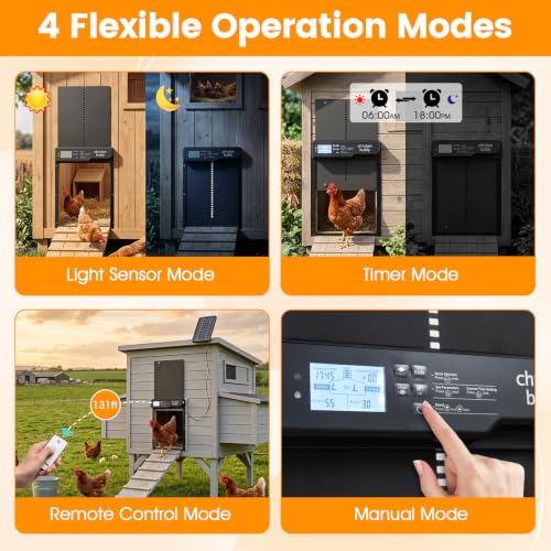 PETSITE Solar Powered Automatic Chicken Coop Door, Along with USB Charging | | LCD Display | Light Sensor, Timer, Remote & Manual Control | Anti-Pinch Design | Waterproof | Made of Aluminum |