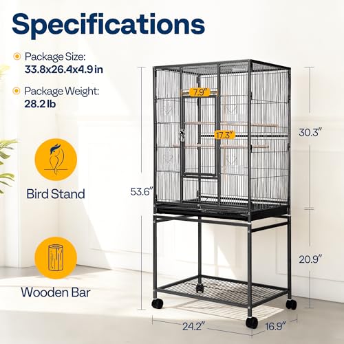VIVOHOME 54 Inch Wrought Iron Large Bird Cage with Rolling Stand | Bird Flight Cage with Stand, Casters, Slide-out Tray for Parakeets Canaries Parrot Cockatiels Lovebirds Conures, Black - color: Black