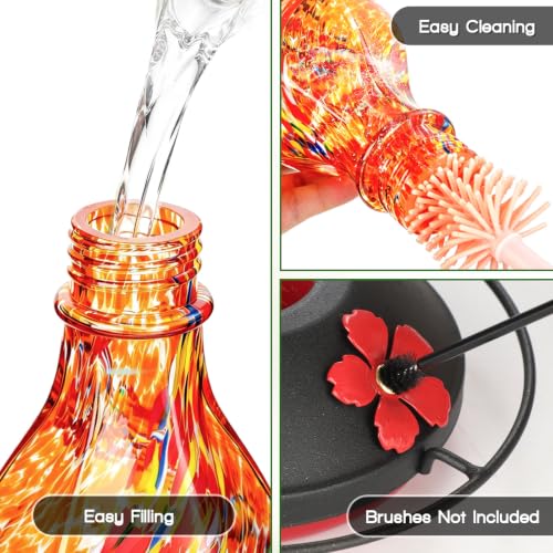 Hand Blown Glass Hummingbird Feeders for Outdoors Hanging, 24oz Wild Bird Nectar Feeder with Ant Moat and Perch, Bee-Resistant Ports, Garden Decor, Gifts for Women Mom, 1 Pack, Orange Phoenix - color: Orange Phoenix