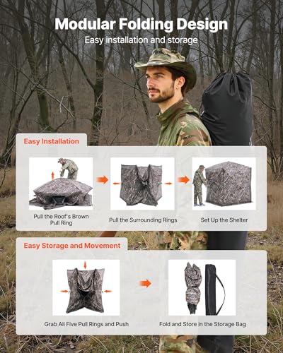 VEVOR Hunting Blind，See Through Ground Blinds with Carrying Bag, 360 Degree Portable Camouflage Tent，Durable Concealed Shelter with Silent Side Door and Window, for Turkey and Deer - size: 6-7 Person (H-79'')