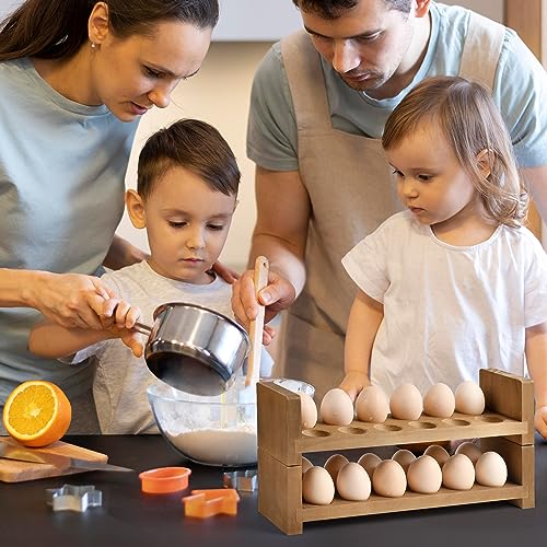 Sishynio Double Layer Egg Tray Holder Countertop, Wooden Fresh Egg Rack | Stackable Storage Basket; 2 Tier Egg Organizer for Farmhouse Kitchen, Refrigerator; Fresh Eggs, Dark Woodgrain, Pegs, Rustic - style: 2 tier pine egg tray